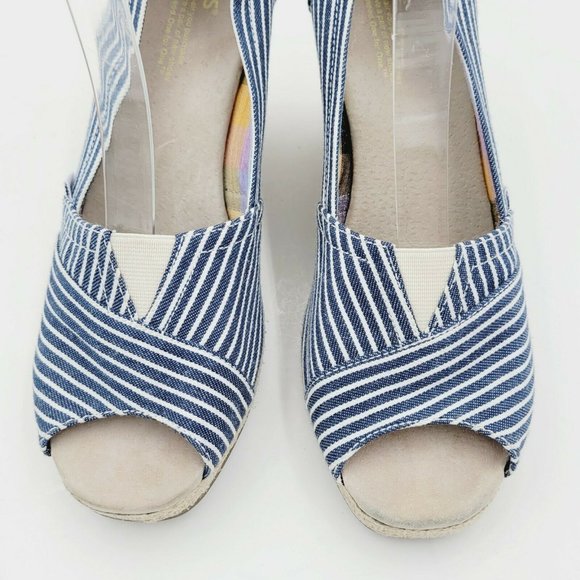 Toms Blue Striped Peep Toe Espadrille Wedge Sandal Size 7.5 - Picture 5 of 8